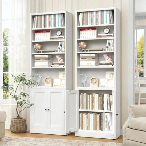 Slick 7 Tier Metal Bookcase 71 Inch White With Doors Industrial Display Shelf Unit in living room with books and decor.