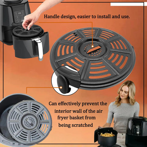 Upgraded 4 Quart Air Fryer Crisping Plate Fits Ninja AF100 And Similar 4 Qt Baskets Premium nonstick grill pan showing handle design for ease of use.