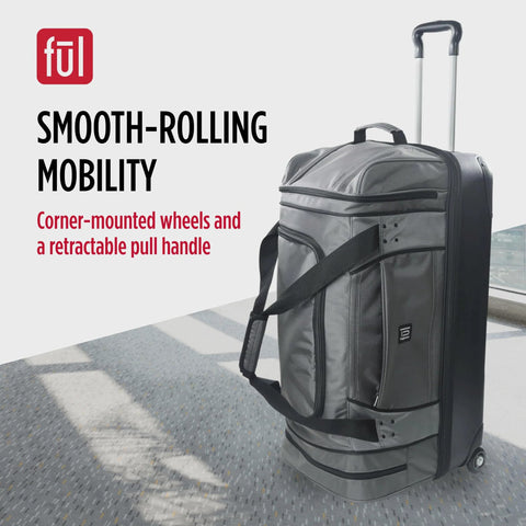 Smooth-rolling grey duffel bag with corner wheels and retractable handle, highlighting rolling duffel bag with split storage by Ful.