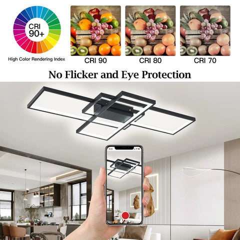 Dimmable Black LED Ceiling Light With Remote Control, Modern Square Flush Mount, 62W, 3000K-6500K Tunable White, 35.4 Inch, shown in living room setting with remote control and CRI color options illustration