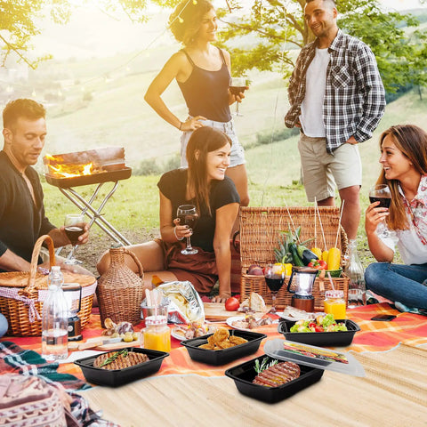 Outdoor picnic with friends using 15 Pack 32oz Meal Prep Containers Set With Leakproof Lids Reusable Plastic Grab And Go Food Storage