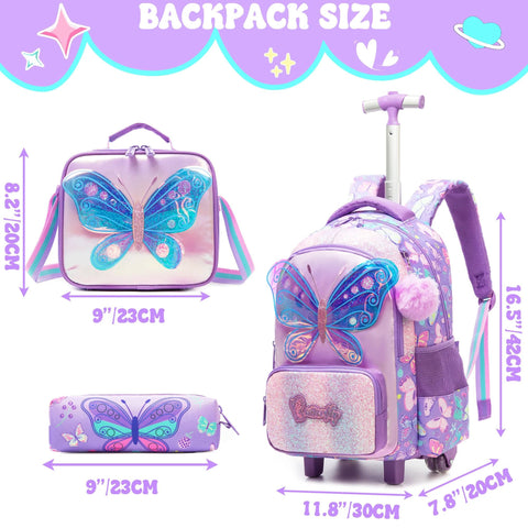 children's butterfly rolling backpack with lunch bag and pencil case