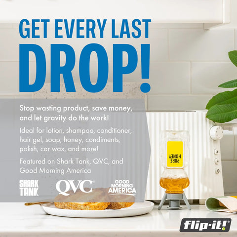Snag Every Last Drop Is A Total Game Changer Zero Waste Bottle Squeezer For Shampoo And Lotion Container Extractor with honey bottle on kitchen countertop.