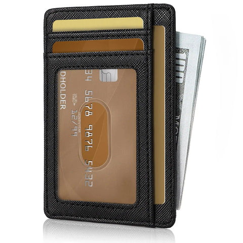 Ultra Slim Front Pocket Leather Wallet For Men And Women With RFID Blocking Tech Minimalist Card Holder Travel Ready Slim Wallet Everyday Carry Gift Idea In Cross Black, with cards visible