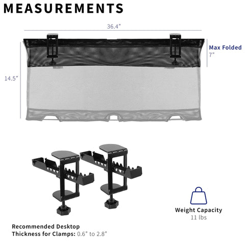 Image of No Drill Clamp-On 36 Inch Mesh Under Desk Cable Management System for Home Office and Standing Desks, measuring details.