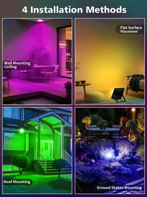 Installation methods showing Outdoor RGB LED Flood Lights 10W Waterproof Security Lights With Remote US Plug for various settings.