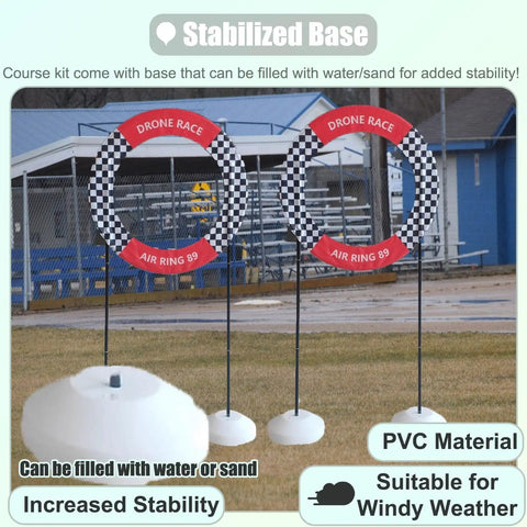 Drone racing course rings made of PVC with sturdy, water-filled bases for stability outdoors. DIY Racing Drone Obstacle Kit for Indoor Outdoor Flying Practice Build Your Own UAV Course With Customizable Race Routes Dope Gear Sturdy Lightweight PVC Parts For League Play And Solo Training.