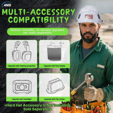 Heavy Duty White Vented Hard Hat With Brim, Ansi Z89.1 Certified Osha Approved Construction Safety Helmet, Lightweight Abs Work Hat For Men And Women, Six Point Suspension For Real Deal Job Site Protection with accessory compatibility features.