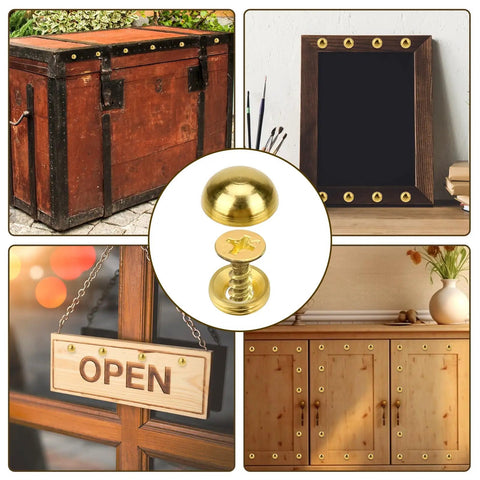 Pure Brass Decorative Screw Covers With Smooth Caps Heavy Duty Self Tapping Bolts For Furniture And Mirror Repairs shown in use on various surfaces.