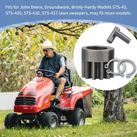 Heavy Duty Lawn Sweeper Wheel Drive Pinion Kit Featuring Left And Right Cogs, steel pins, and lock washers for quick fix on John Deere.