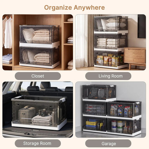 Hella Spacious Clear Stackable Storage Bins Three Pack With Lids And Rolling Wheels Collapsible Containers in various uses across home settings.