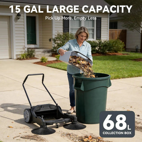 43 Inch Walk Behind Floor Sweeper With 15 Gallon Hopper Heavy Duty Industrial Cleaner For Warehouses. Showing large debris collection.