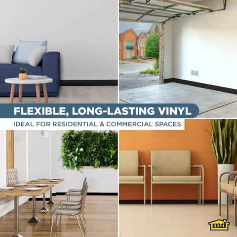 Self-Stick Vinyl Wall Base 4 Inch High By 20 Feet Long Black Flexible Vinyl Trim For Walls Easy To Clean And Maintain Pro Grade