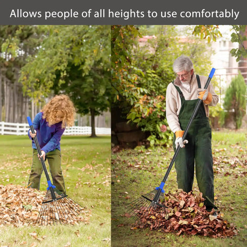 Adjustable Leaf Rake With 32 Gallon Yard Waste Bag And Leaf Scoops in use, showing versatility for different heights in yard cleanup