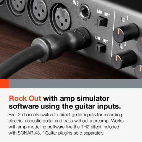 Close-up of a rackmount USB audio and MIDI interface showing inputs for guitar and line with text instructions.