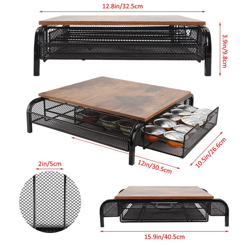 Rustic K Cup Holder And Storage Drawer With Side Baskets 30 Cup Capacity Wood Top Coffee Station Organizer For Kitchen Or Office Brown Durable Wood Finish Keeps Your Coffee Area Neat And Stylish, showing dimensions and metal mesh details.