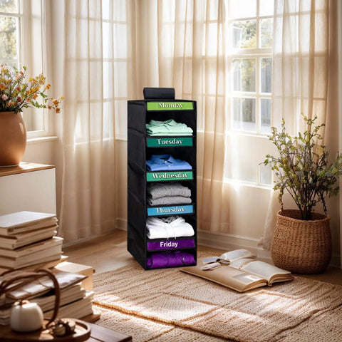Multipurpose Hanging Closet Rack With Five Built In Dividers Weekly Garment Sorter Space Saving Home Organizer for kids with shirts.