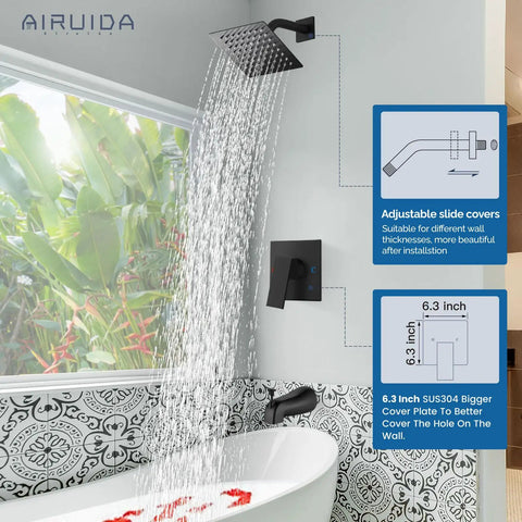 Hassle Free Matte Black Shower Faucet Set With Six Inch Rainhead And Tub Spout Solid Brass Rough In Valve shown in a sleek bathroom setting.