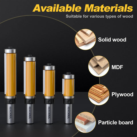 Versatile 4 Piece Flush Trim Router Bits Set With 1/2 Inch Shank for Solid Wood MDF Plywood Particle Board