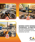 Open Flame Campfire Grill And Skillet Combo For Outdoor Cooking shown over fire pit setups with adjustable height.