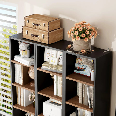 Heavy Duty Eight Tier Narrow Bookshelf With Adjustable Wooden Shelves Sleek Media Tower Rack For DVD And CD Storage Top Shelf with decor and books.