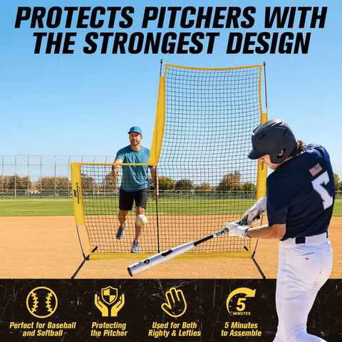 Baseball player practicing with 7 By 7 Feet Baseball Pitching Screen With Upgrade Frame For Righties And Lefties Tear Resistant Net.