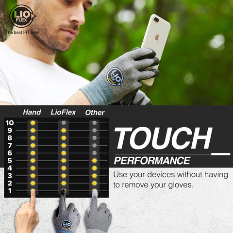 Man wearing thin lightweight nitrile foam coated work gloves with touchscreen fingers holding a smartphone.