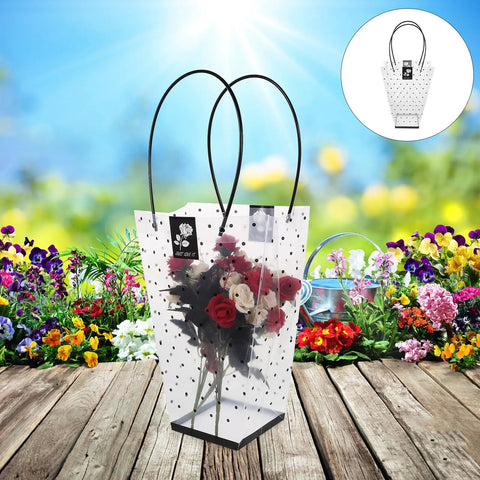 Plastic Bouquet Bags With Handles For Flower Packaging in a garden setting, holding roses, with handle for easy carrying.