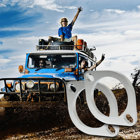 Badass Three Inch Two Bolt Exhaust Flange Connection Kit With Sealed Chrome Gaskets And Heavy Duty Hex Nuts shown with off-road vehicle.