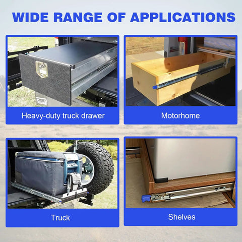 Heavy Duty Drawer Slides With Full Extension Ball Bearing Rails, Built Tough Steel Build, Rust Resistant Electroplated Finish, Locking Swing Handle For Secure Open And Close, Multipurpose Use, Supports Up To 300 Lbs, Ideal For Cabinets And Tool Chests. Used in truck, motorhome, and shelf drawers