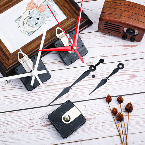 Six Pack Silent Clock Movement Kit With Long Shaft 13mm Quartz Mechanisms, Battery Powered, clock hands, and parts displayed