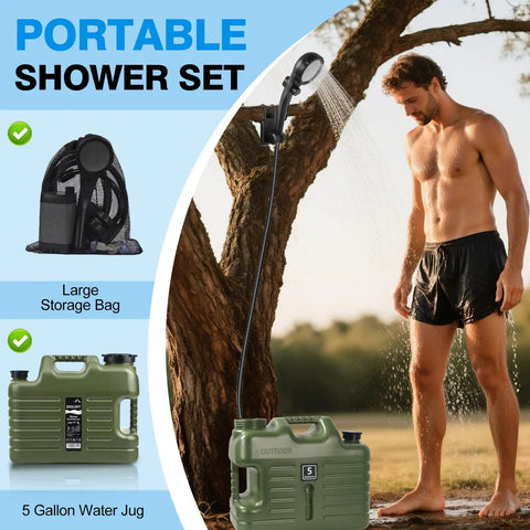 Portable Camping Shower Kit With 5 Gallon Water Jug And 6000mAh Rechargeable Battery IPX7 Waterproof Pump BPA Free Water Containers Eco Friendly Green Outdoor Shower For Camps And Adventures.