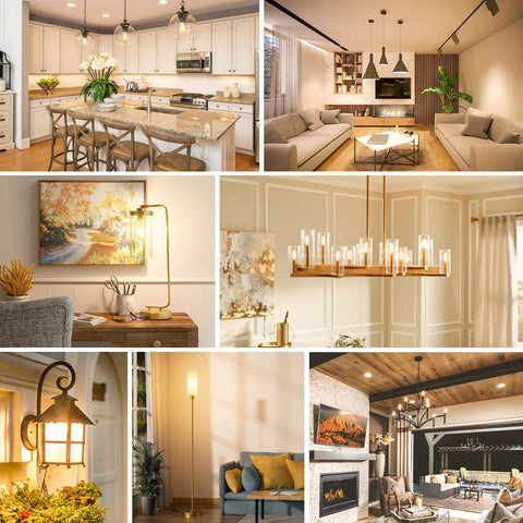 Collage of home interiors showcasing LED Candelabra Bulbs 40W Equivalent Dimmable 2700K Warm White in various fixtures