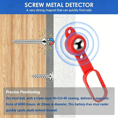 Heavy Duty Magnetic Stud Finder 8 Piece Set Real Deal Drywall Scanner showing strong red magnetic stud finder detecting nails on wall.