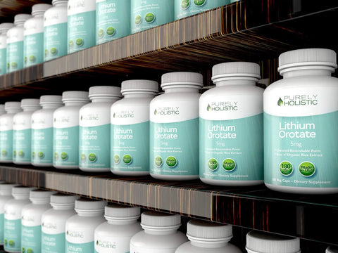 Lithium Orotate 5mg Capsules 180 Count Vegetarian Mood Support Memory Behavior Wellness Boost 50 Percent More Value Made In USA Supports Healthy Mood Balance Memory And Focus bottles on shelves