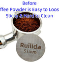 Espresso Puck Screen 51mm, 316 Stainless Steel, shown with coffee grounds in a portafilter, prevents sticking to shower screen