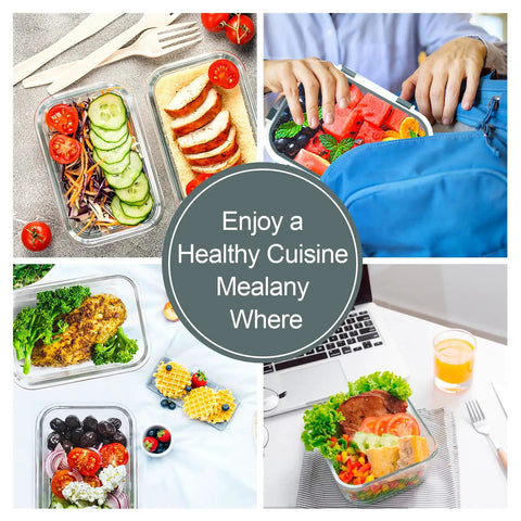 Collage of 10 Pack Glass Meal Prep Containers With Airtight Lids filled with colorful meals, showcasing versatility for various settings.