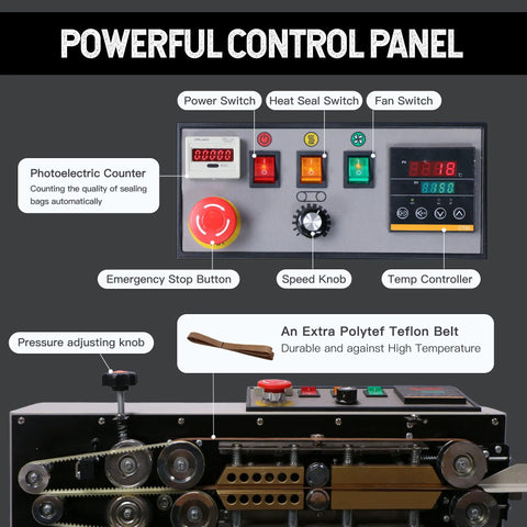 Control panel of Continuous Bag Band Sealer With Digital Temperature Control for 0.02 to 0.08mm PVC Film, showing buttons and indicators.