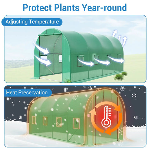 Walk In Greenhouse For Outdoor Use Heavy Duty Galvanized Steel Hoop House With PE Cover 8 Windows And Roll Up Door heating features