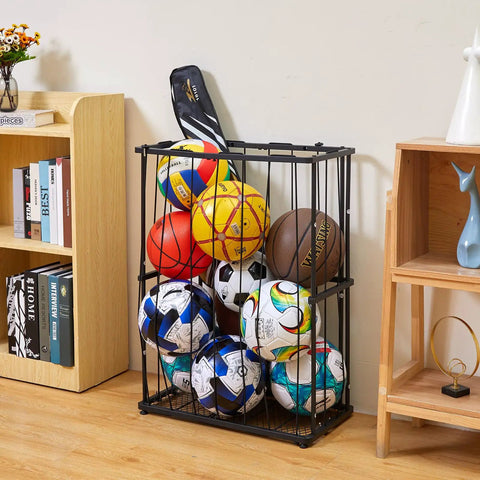 Heavy Duty Garage Ball Storage Rack With No Fuss Elastic Strap Wall Mount Or Floor Stand Option For Basketball Soccer Football Volleyball Gear In Matte Black, displaying various sports balls.