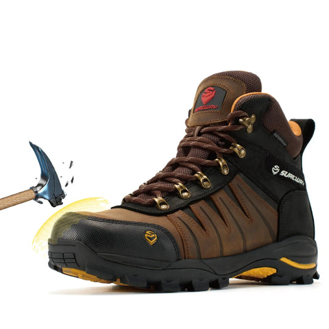 Men's 6 Inch Waterproof Steel Toe Work Boots Leather Lace Up EH Rated Slip Resistant Outsole For Construction Roofing And Hunting
