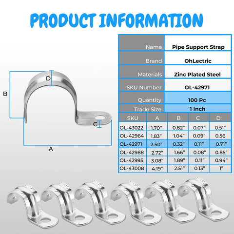 Heavy Duty 1 Inch Pipe Strap 100 Pack Zinc Plated Steel EMT Conduit Clamps With 1 Hole Reinforced Rib Design product info chart