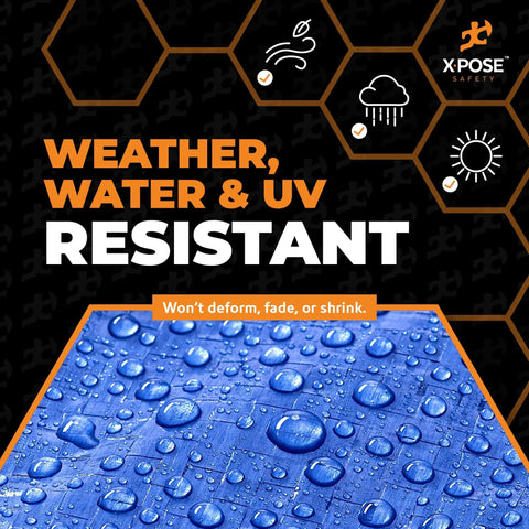 Promotional image showing a Blue Poly Tarp 40 By 50 Ft Heavy Duty Waterproof Protective Cover Lightweight Yet Tough Weatherproof 5 Mil Polyethylene with water droplets highlighting weather resistance.