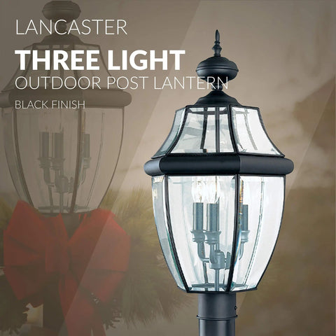 Lancaster Outdoor Post Lantern Three Light Outdoor Fixture With Slick Black Finish 24 Inch Height close-up view