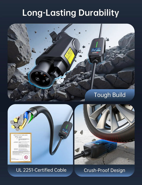 32A Level 2 EV Charger 240V 7.68kW Portable with 21ft Cable showing tough build and crush-proof design on rocky terrain