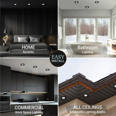 Six Inch Black Gimbal LED Recessed Canless Wafer Lights With 5 CCTs 2700K To 5000K in home, bathroom, commercial, and ceiling settings