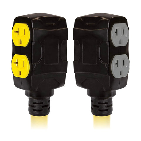 Close-up of plug ends for Heavy Duty 25 Foot Generator Extension Cord From L14-30P To Four 5-20R, featuring dual outlets.