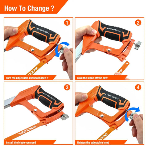 Instructions for changing blade on Frame Hack Saw With 12 Inch Blade For Gardeners And DIY Pros, showing four steps