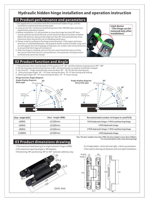 Hydraulic hidden hinge installation guide with instructions and parameters for Top Shelf Adjustable Hydraulic Hidden Door Hinge With Dead Silent Automatic Closer For Smooth Quiet Heavy Duty Interior Swinging Doors Breeze Through Install.