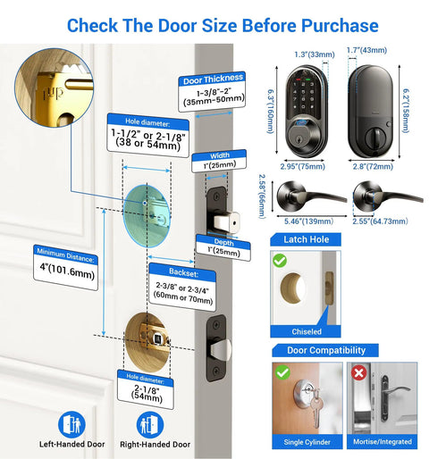 Heavy Duty Fingerprint Smart Lock With Dual Lever Handles In Matte Black dimensions and compatibility guide for secure keyless entry.